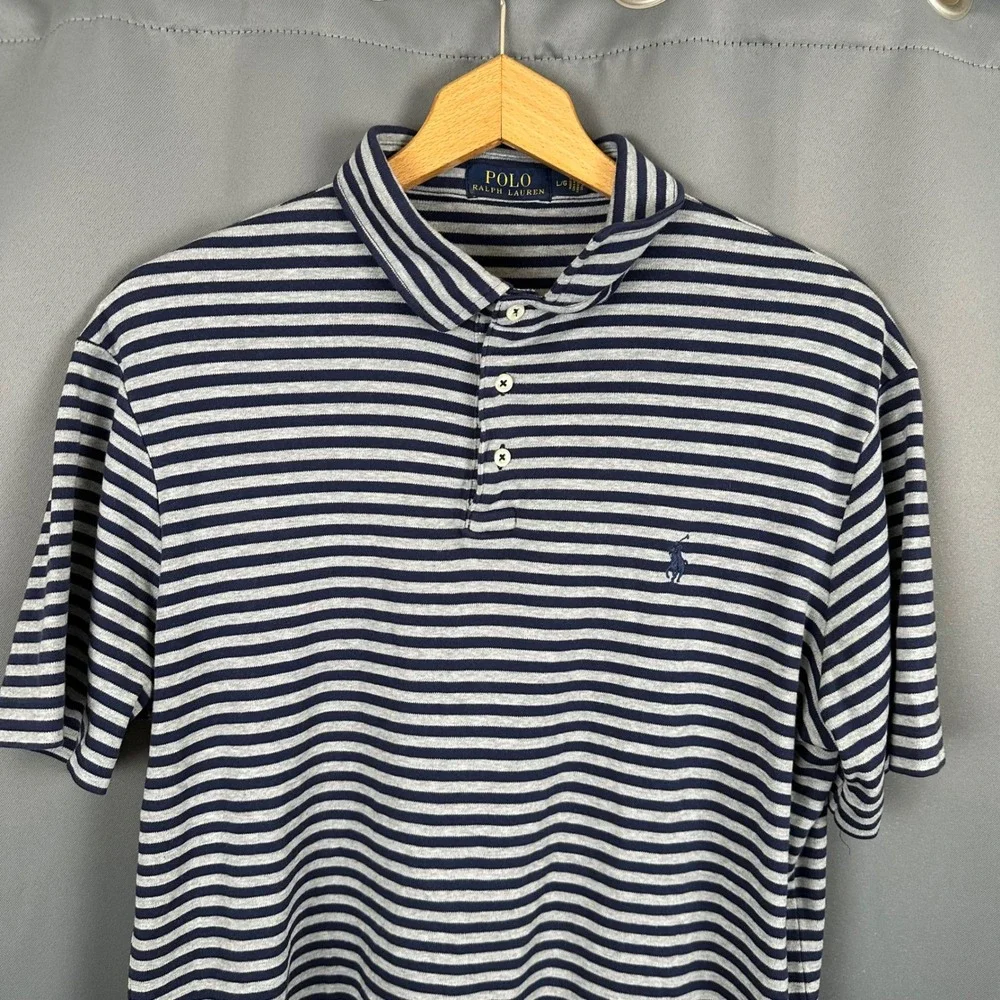 Polo Ralph Lauren Mens Large Striped Polo Shirt Navy Blue Grey Short Sleeve L